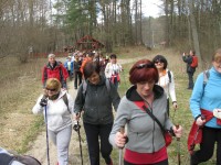 Uczestnicy wyjazdu na szlaku turystyki pieszej na terenie Borów Tucholskich.